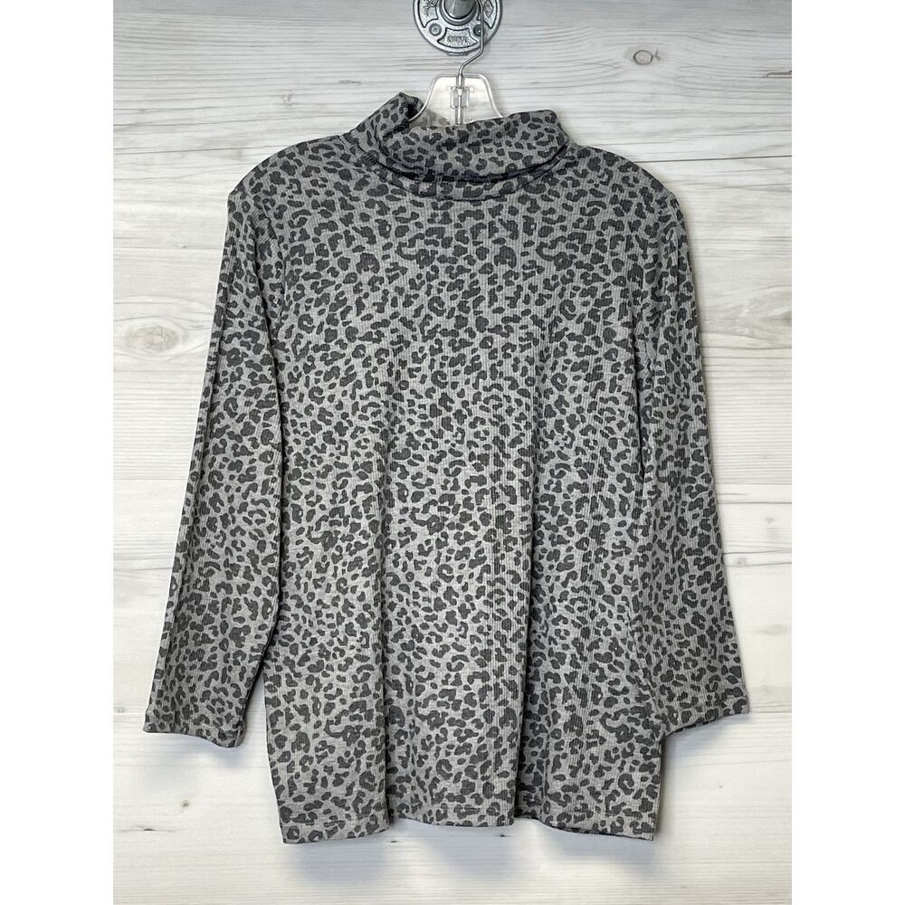 Style & Co Womens Leopard Print Mock Neck Ribbed Pullover Sweater Gray Large